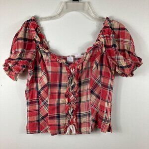 Womens‎ Laura T Milk Maid Top Ruffled Puff Sleeve Crop Off Shoulder Plaid 38